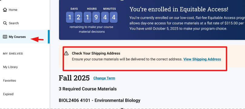 Update Shipping option under My Courses